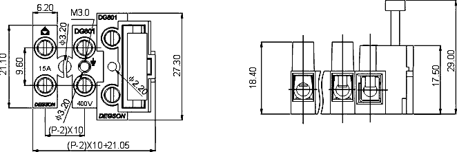 DG801-02P (FB801-02P-11), клеммник нажимной 2 контакта 10мм шаг