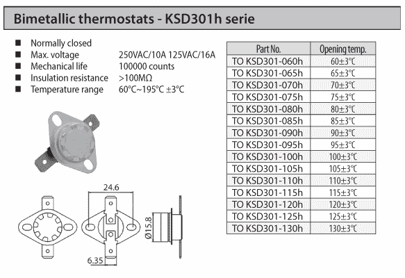 KSD250V 100*C 10A NC, термостат