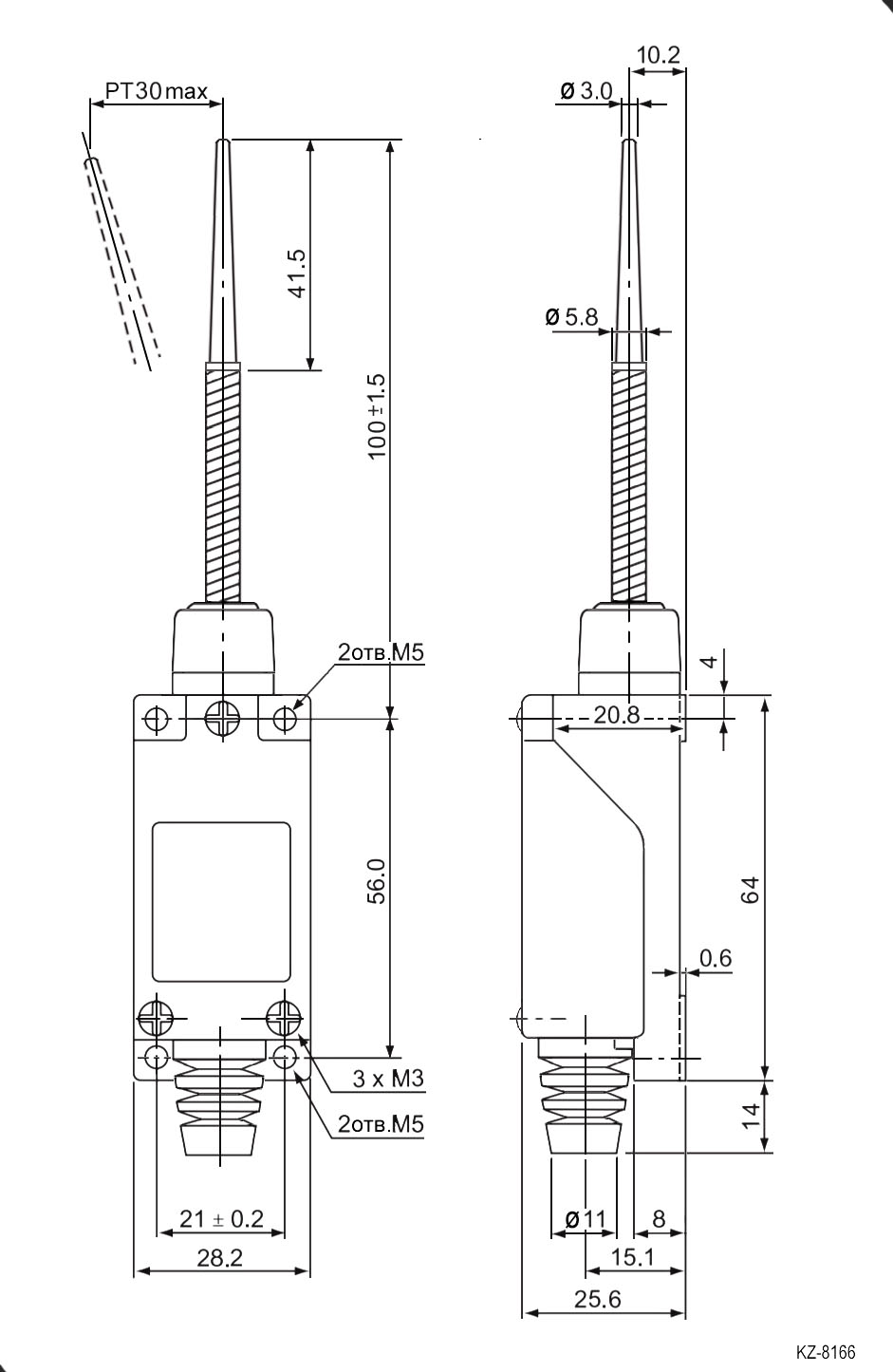 KZ8166(TZ8166) Al+Zinc, путевой выключатель с пружинным штоком и наконечником