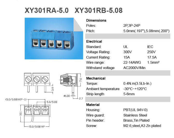 XY301R-A-2P 5mm, терминальный блок 300В 10A угловой