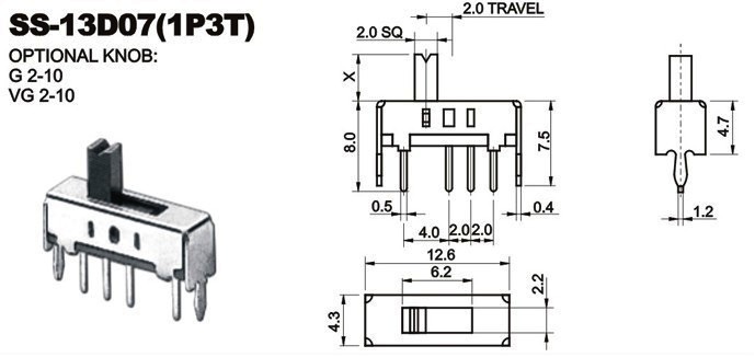 Переключатель полозковый 1P3T RWJ-018 на плату 4c