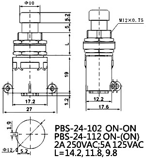 PBS-24-112, кнопка 250В 2А ON-(ON) на провод без фиксации металл