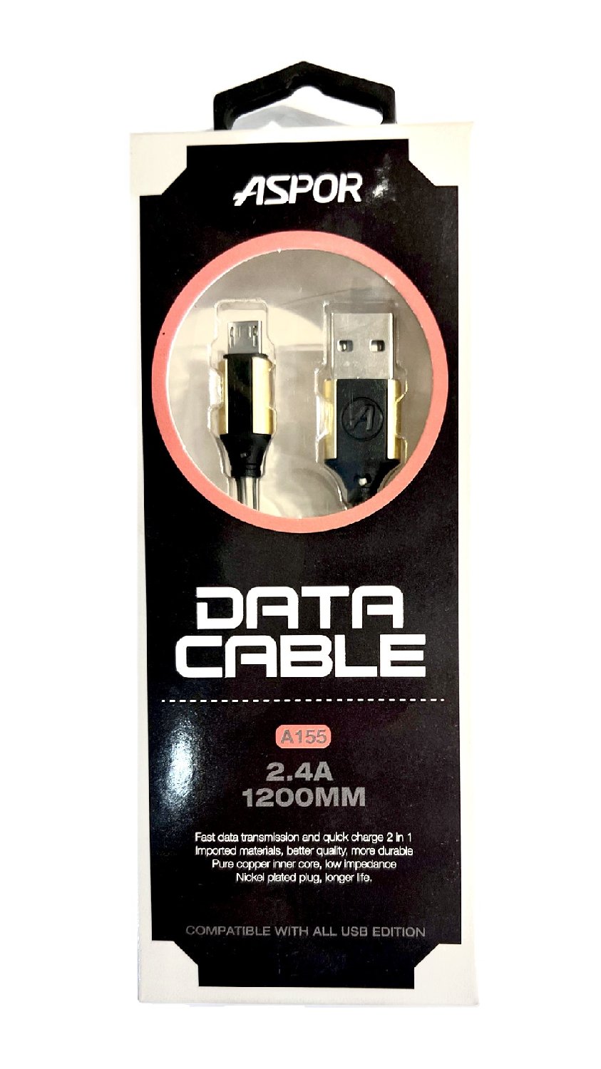 A155, MicroUsb data кабель 2.4А 120см ASPOR