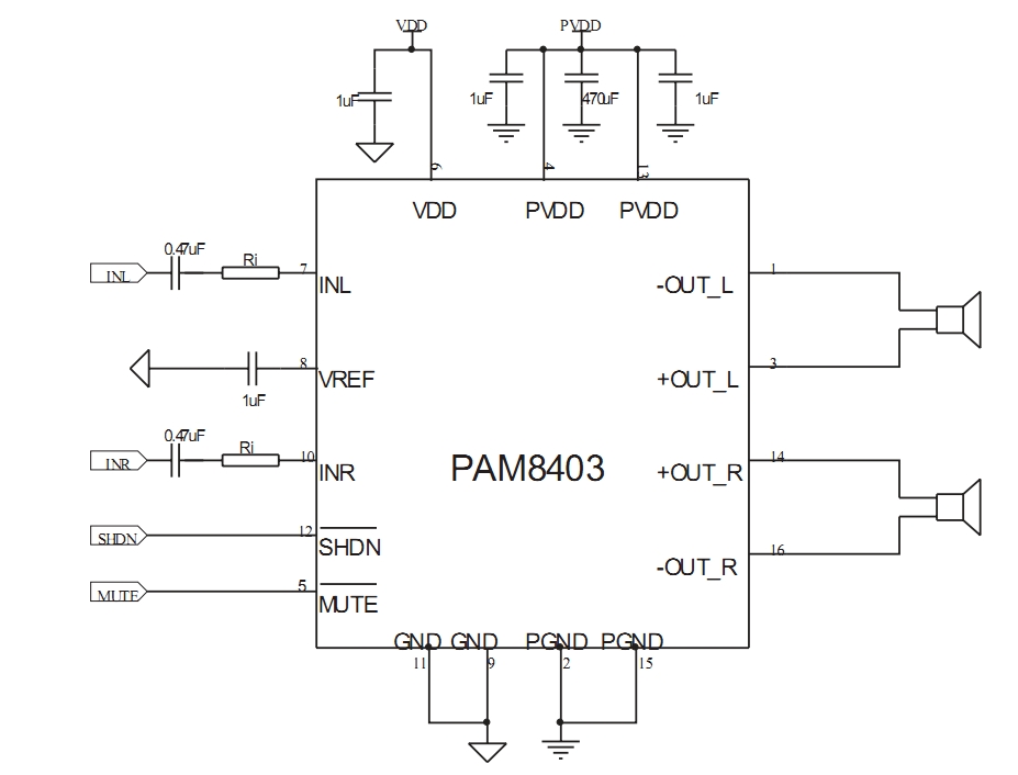 PAM8403, аудио-усилитель