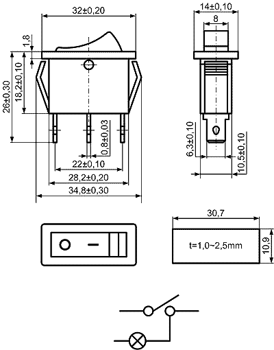 KCD3-1 (KCD3-103O71CKK), рокерный переключатель