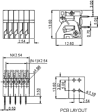DG141R-2.54-03P-14, клеммник нажимной на плату 3 контакта 2.54мм шаг